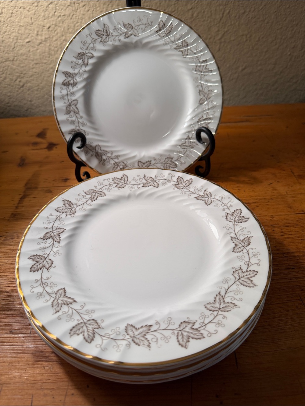 Queen Anne Ailsa White Porcelain Salad Plates with Gold Trim and Leaf Motif 8qty
